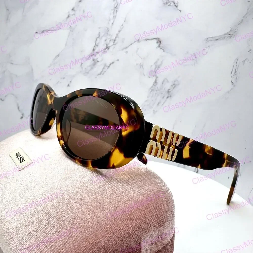 NEW MIU MIU Sunglasses Brown Oval Gold Spelled Out Logo New Authentic Tortoise